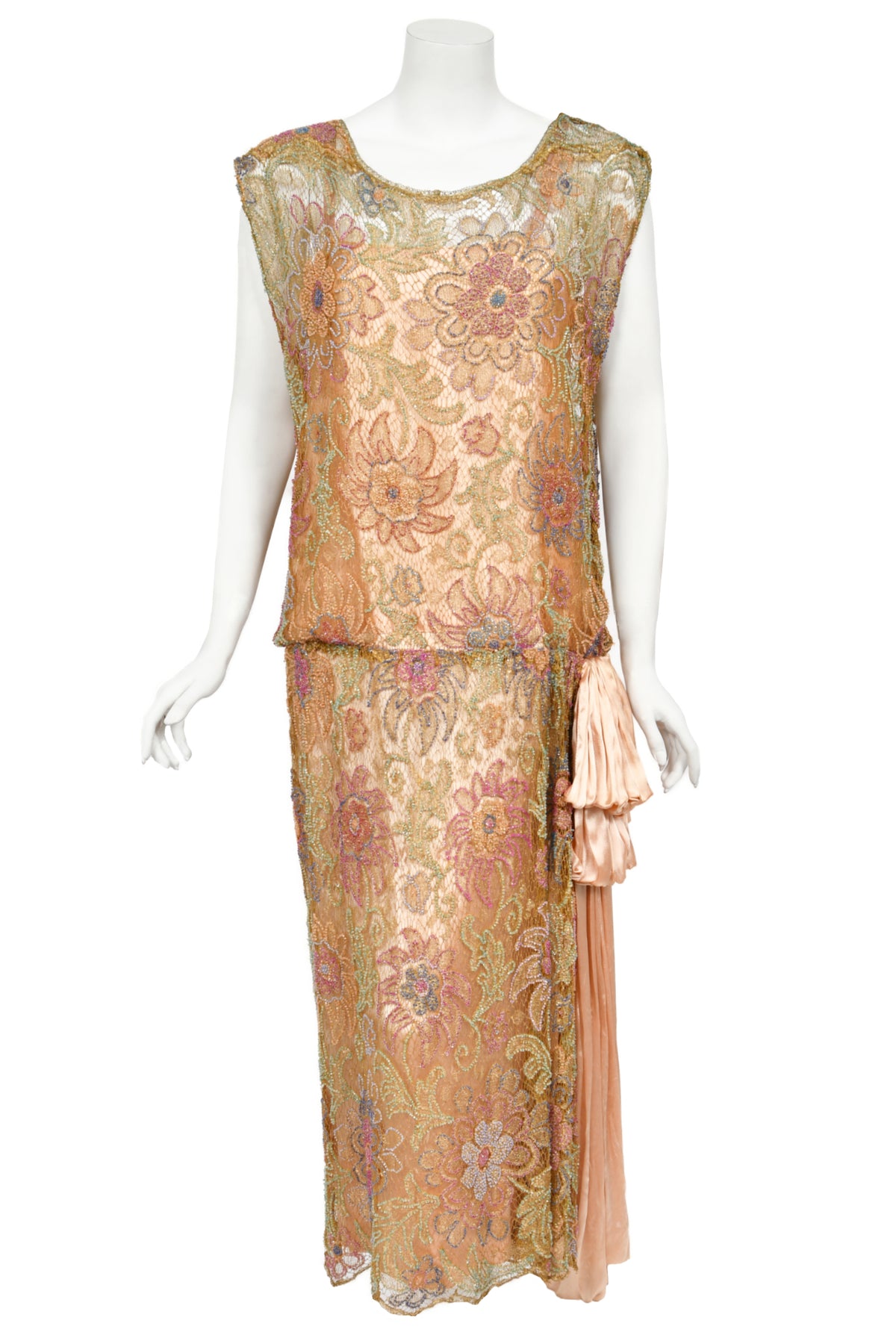 1920&#39;s French Couture Colorful Beaded Metallic Lamè Lace &amp; Pink Silk Dress