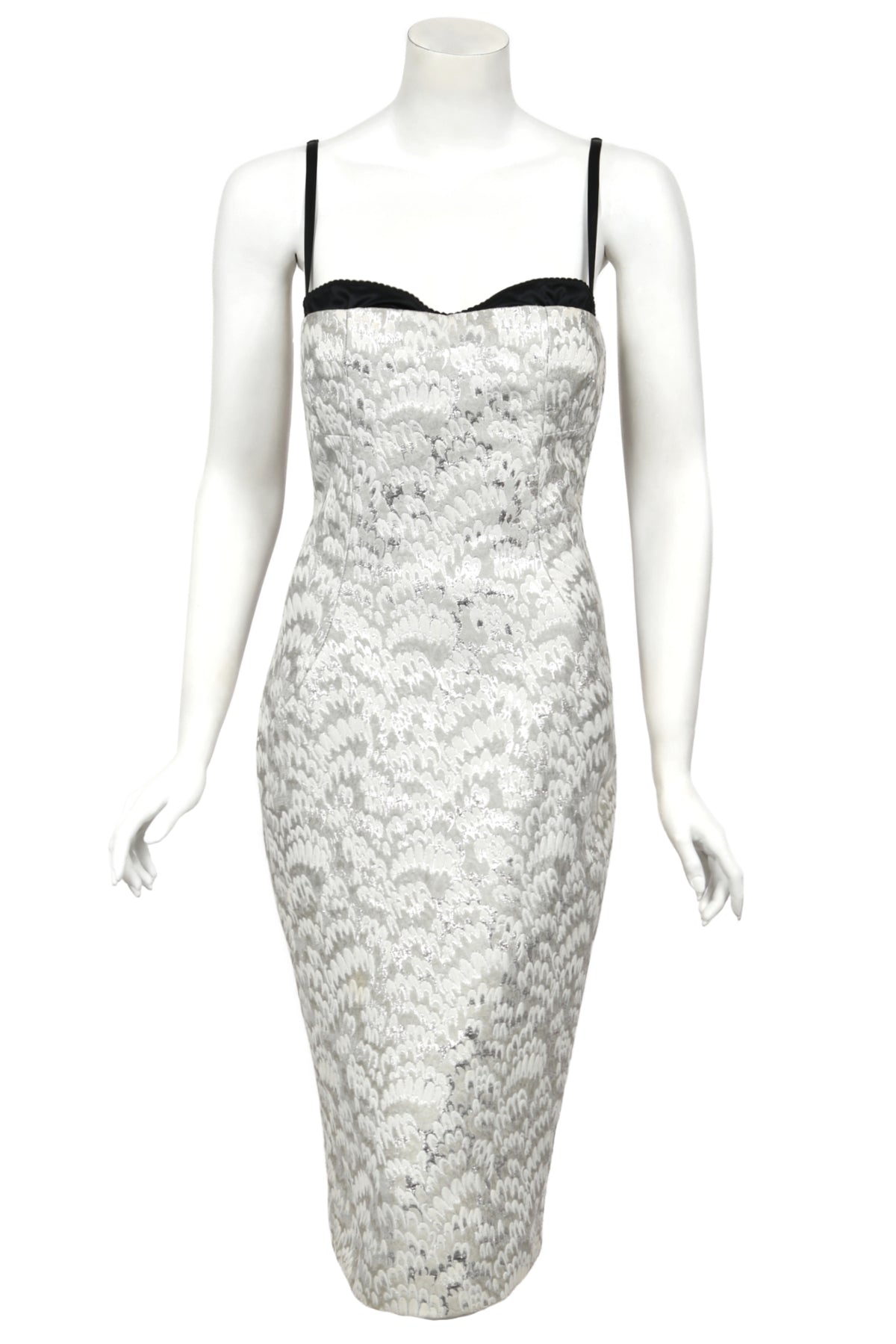 2003 Dolce &amp; Gabbana Metallic Silver Brocade Built-In Bra Hourglass Corset Dress