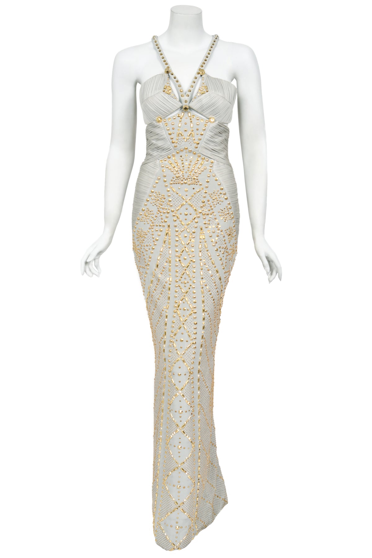 2012 Versace Runway Gold Studded Pale Dove Gray Silk Jersey Hourglass Gown