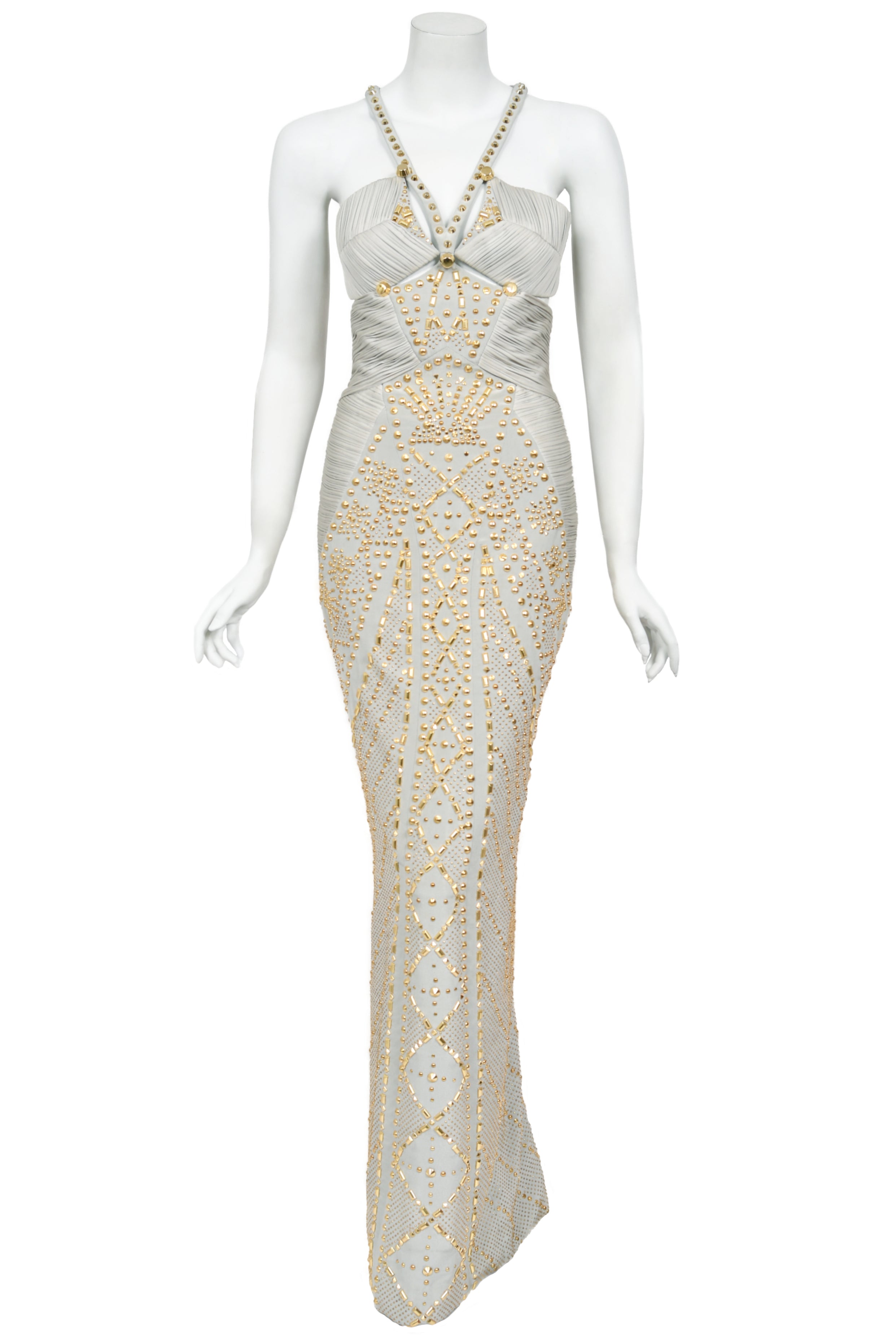 2012 Versace Gold Studded Pale Dove Gray Pleated Jersey Hourglass Gown - Timeless Vixen 2012 Versace Gold Studded Pale Dove Gray Pleated Jersey Hourglass Gown - Timeless Vixen