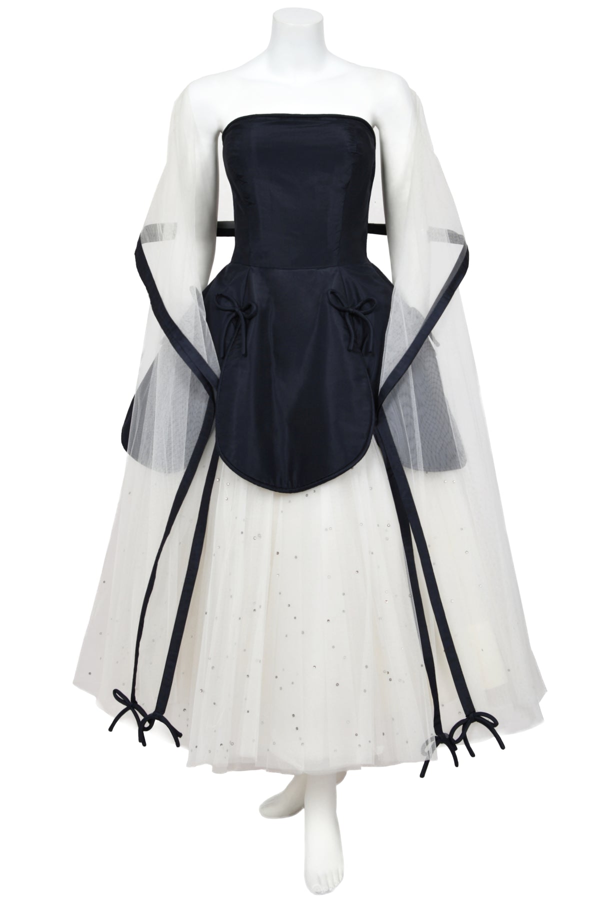 1950’s Edith Small Navy Silk &amp; Rhinestone White Tulle Strapless 'Petal' Dress w/ Shawl
