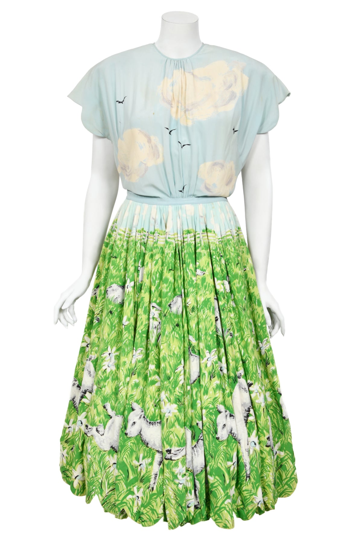 1942 Gilbert Adrian Iconic 'Gamboling Lambs' Scenic Print Scalloped Patio Dress