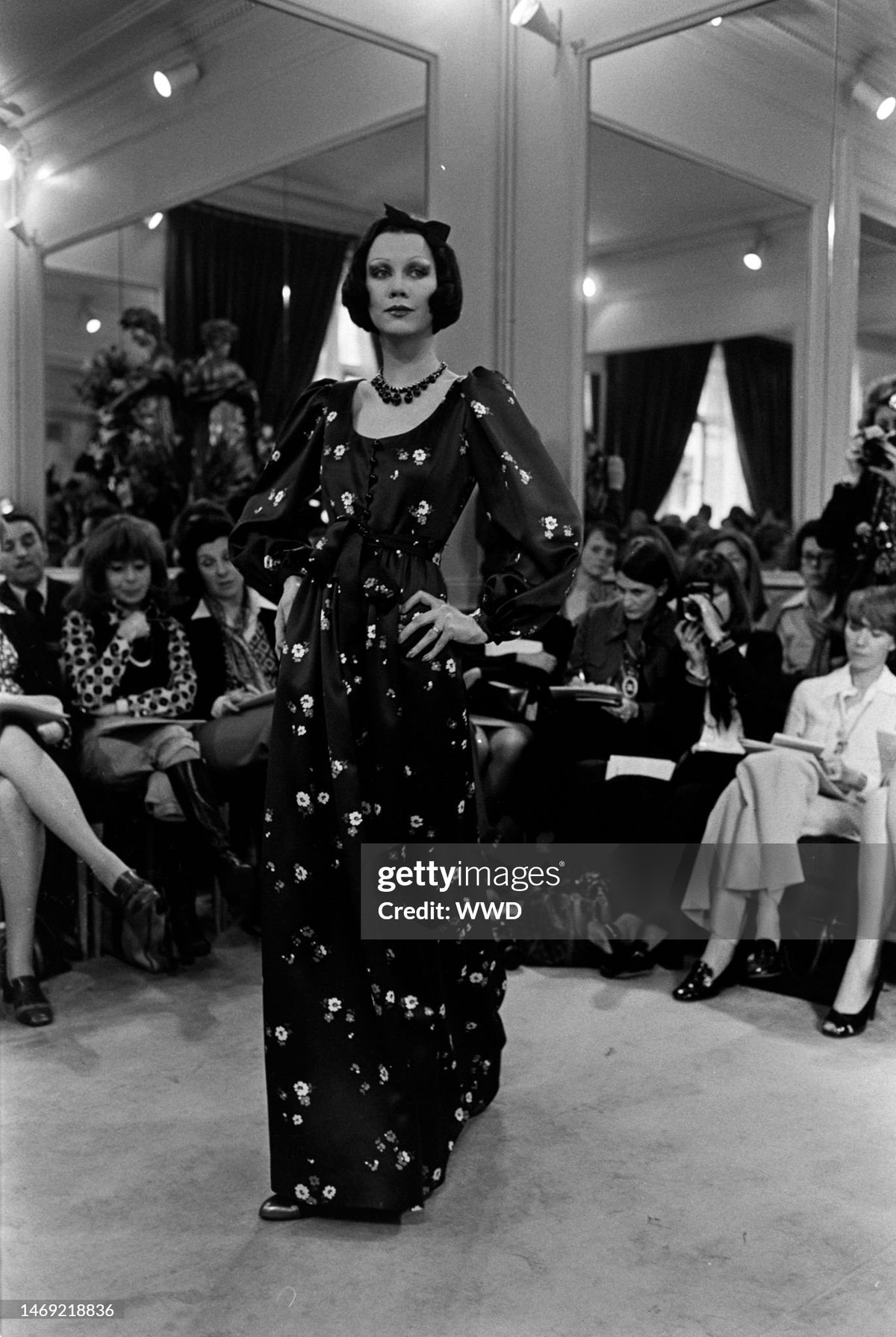 1974 Yves Saint Laurent Rive Gauche Brown Floral Print Satin Maxi Dress