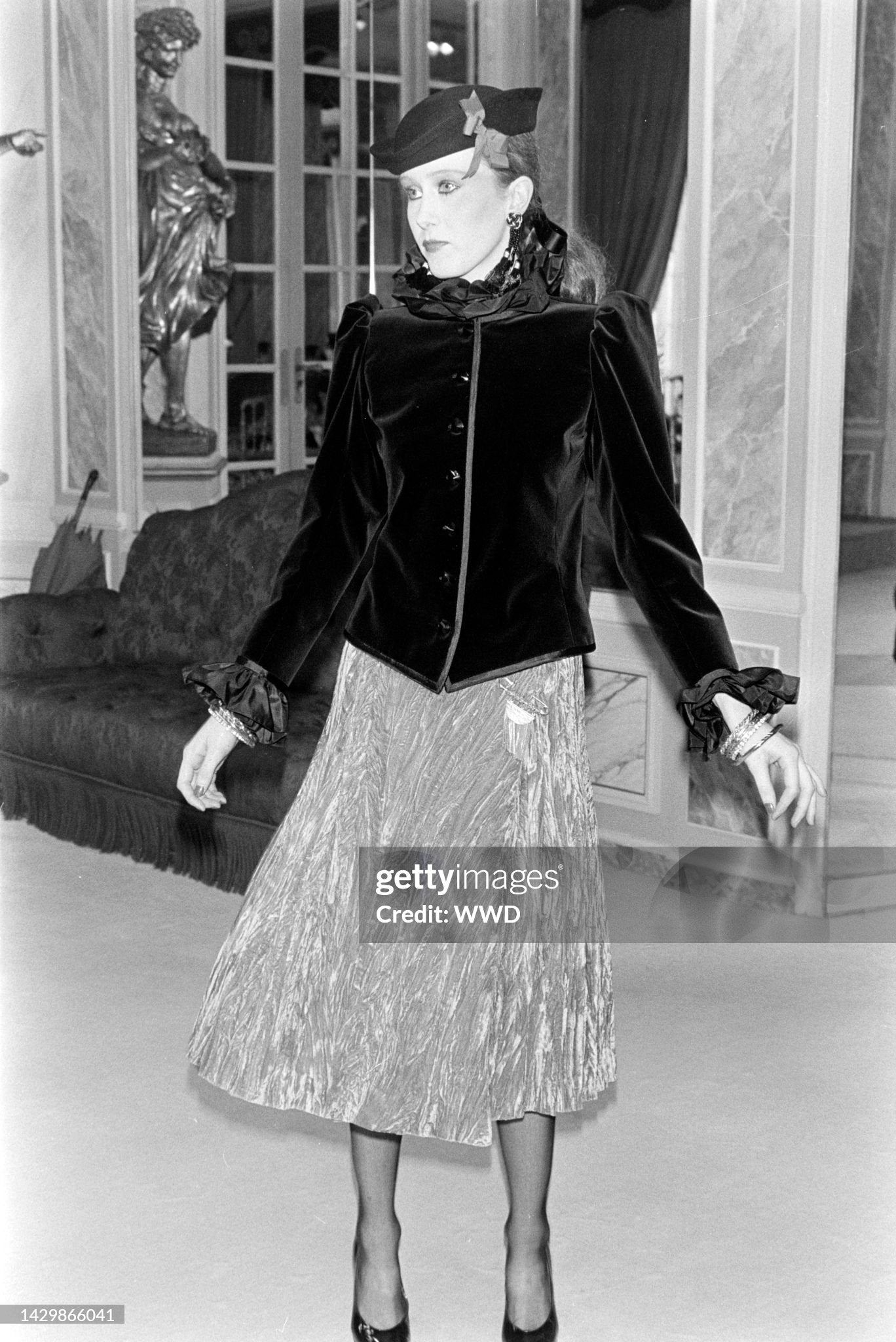 1979 Yves Saint Laurent Purple Velvet Puff-Shoulder Jacket & Knickers Pantsuit