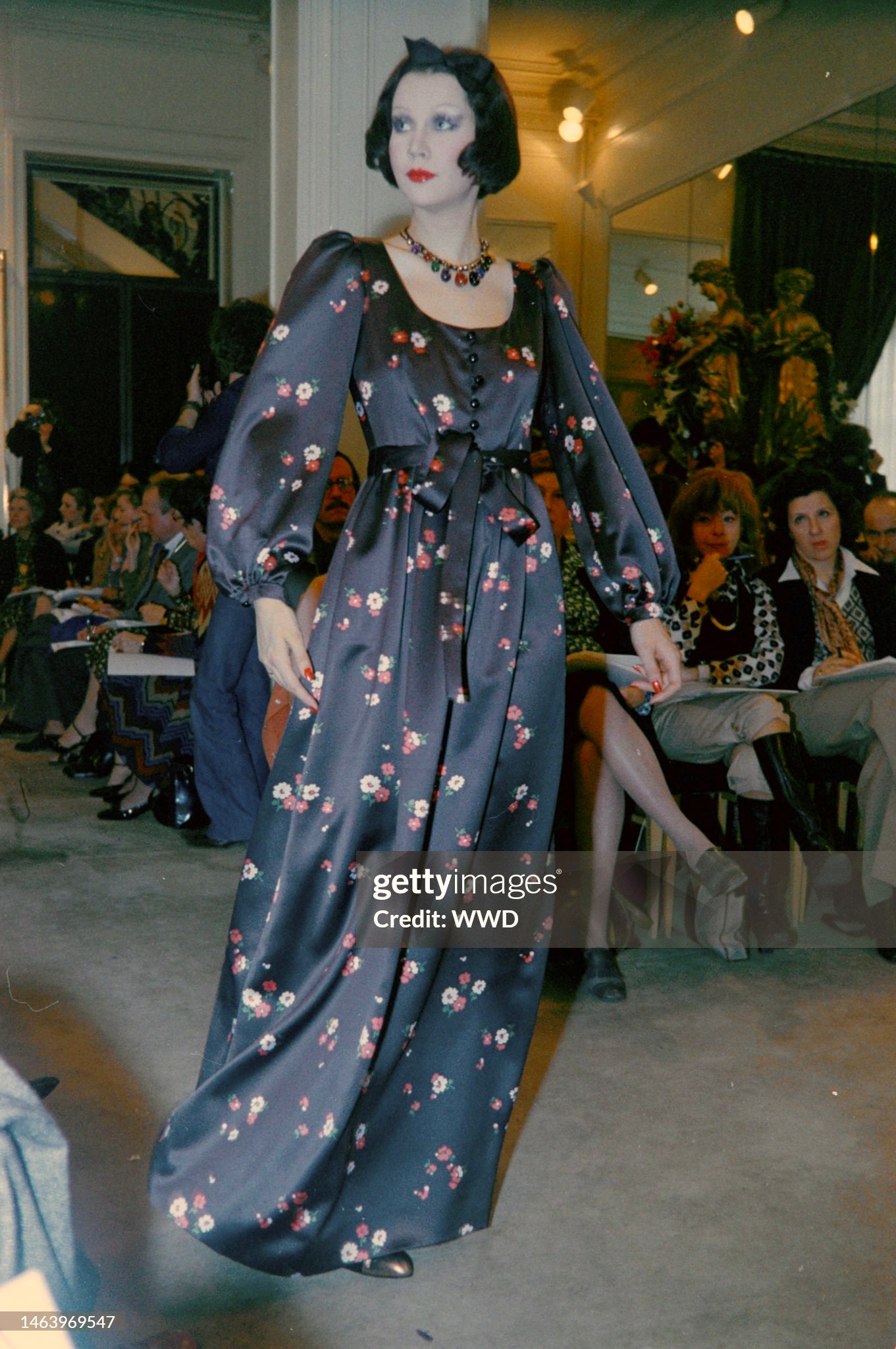 1974 Yves Saint Laurent Rive Gauche Brown Floral Print Satin Maxi Dress