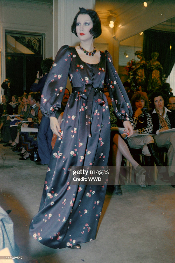 1974 Yves Saint Laurent Rive Gauche Brown Floral Print Satin Maxi