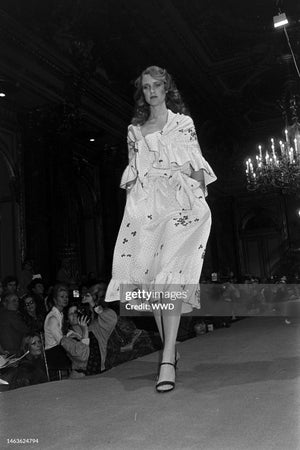 1978 Yves Saint Laurent Haute Couture Ivory Red Print Silk Dress & Shawl