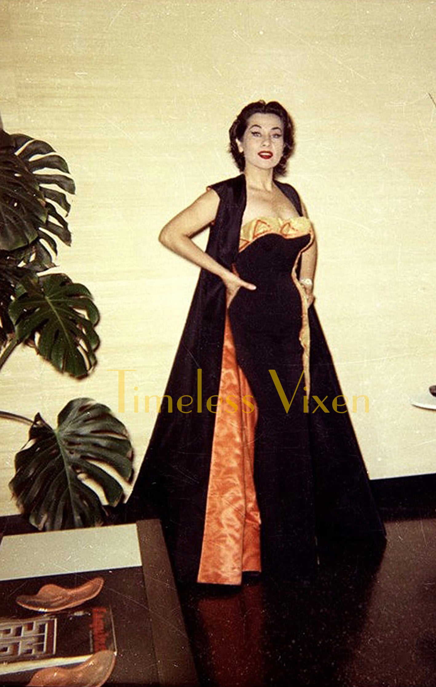 1950's Yma Sumac Custom Couture Black & Orange Silk Hourglass Gown Ensemble