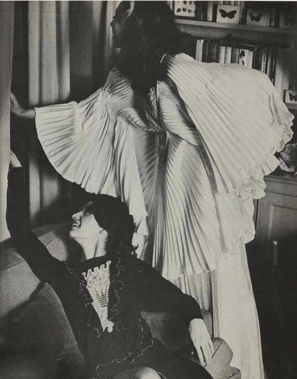 1973 Zandra Rhodes Blush Pink Heavily-Pleated Full Length Jacket Peignoir Set