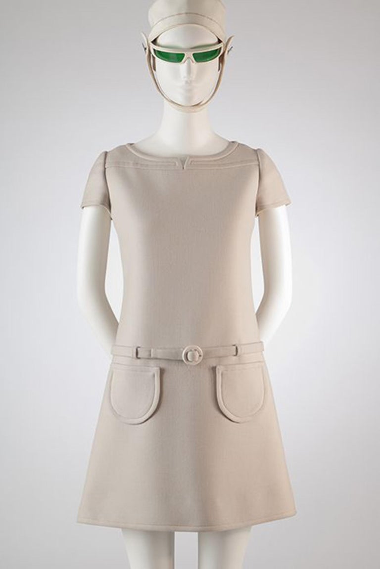 1968 André Courrèges Couture Yellow Wool Belted Space-Age Mod Dress