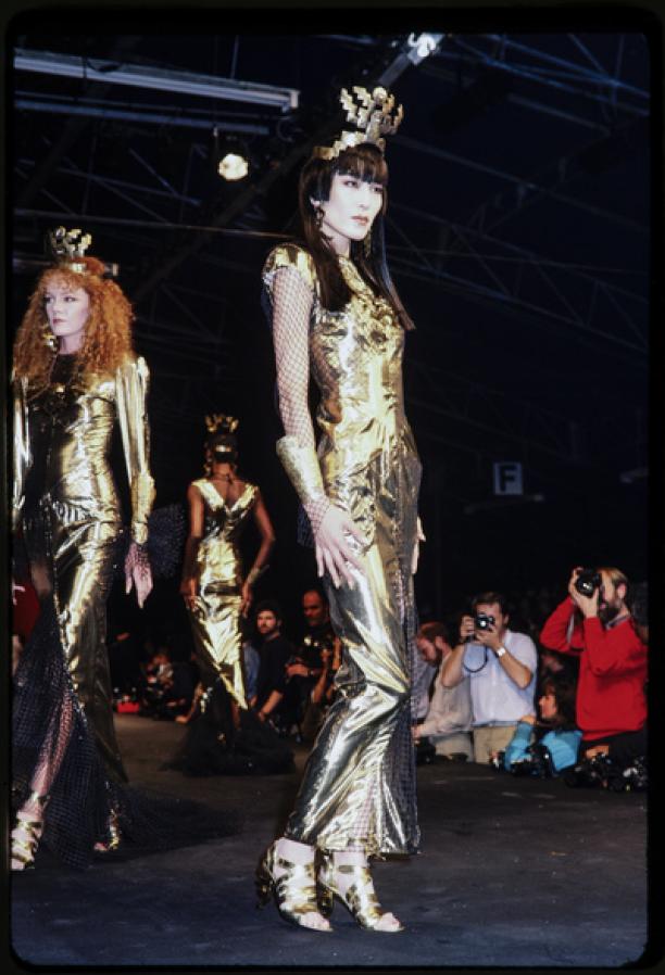 1985 Thierry Mugler Couture Metallic Gold Lam & Fishnet High-Slit Gown 1985 Thierry Mugler Couture Metallic Gold Lam & Fishnet High-Slit Gown