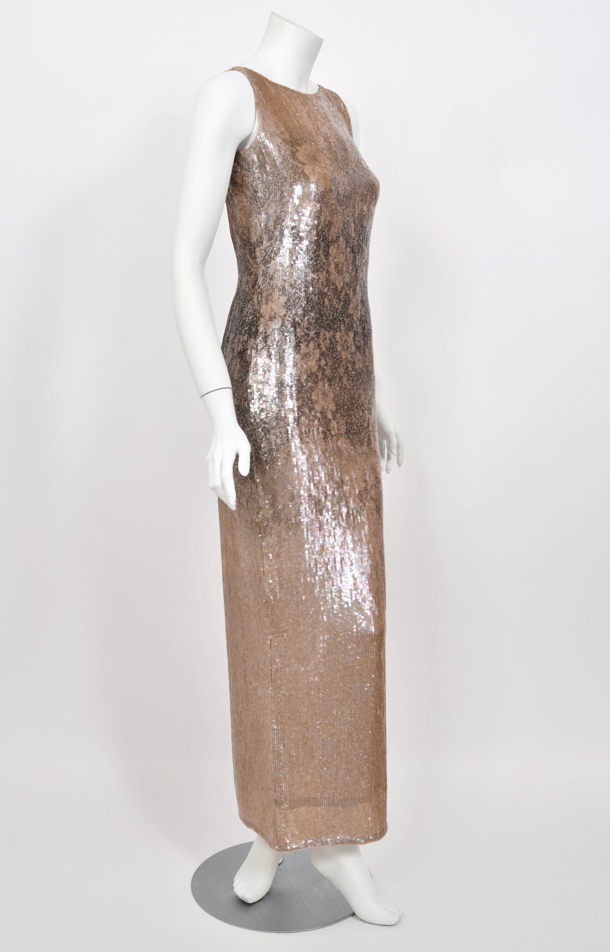 1997 Oscar de la Renta Runway Fully Sequin Floral Motif High-Slit Gown