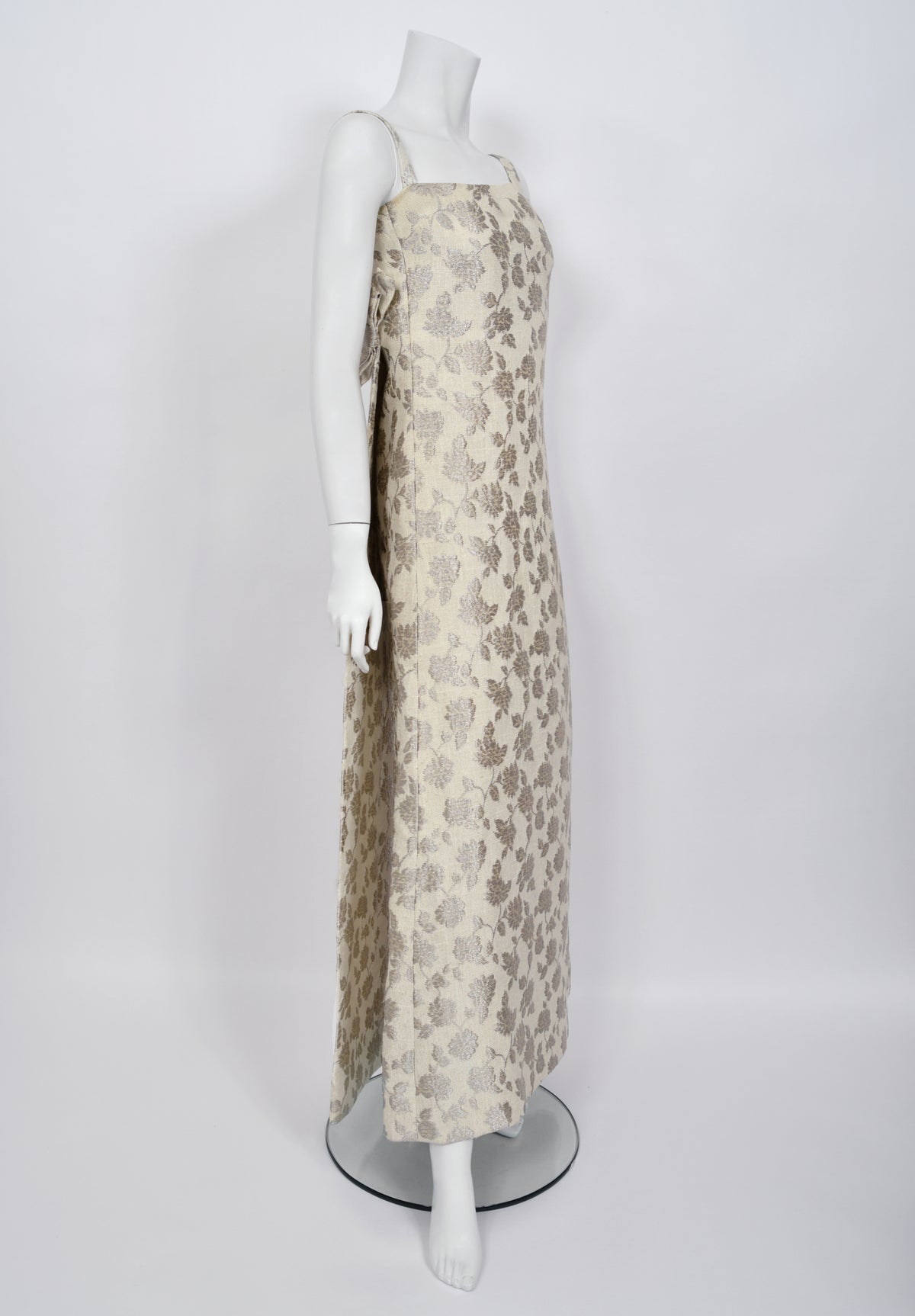 1962 Christian Dior Paris Ivory Silver Floral Silk Brocade Back-Bows Bridal Gown