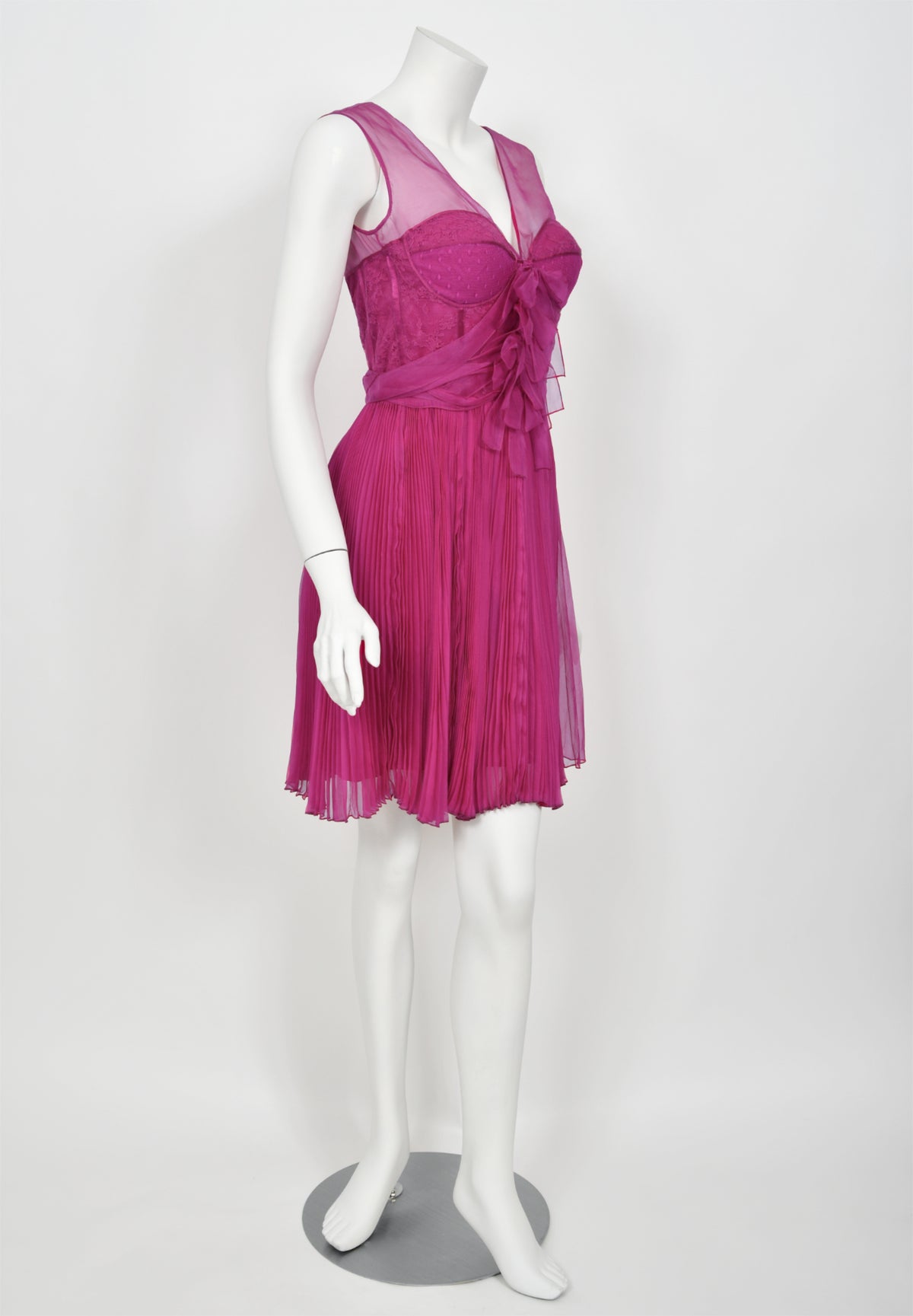 2010 Christian Dior by John Galliano Fuchsia Pink Pleated Sheer Silk Lingerie Dress