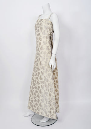 1962 Christian Dior Paris Ivory Silver Floral Silk Brocade Back-Bows Bridal Gown