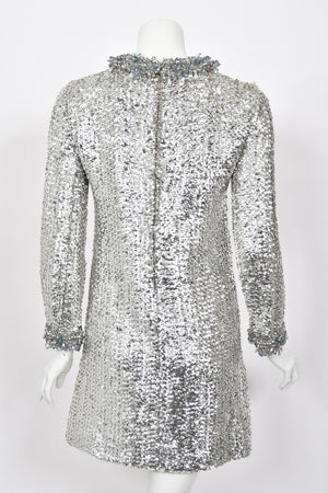 1966 Pierre Cardin Paris Metallic Silver Beaded Sequin Space-Age Mod Mini Dress