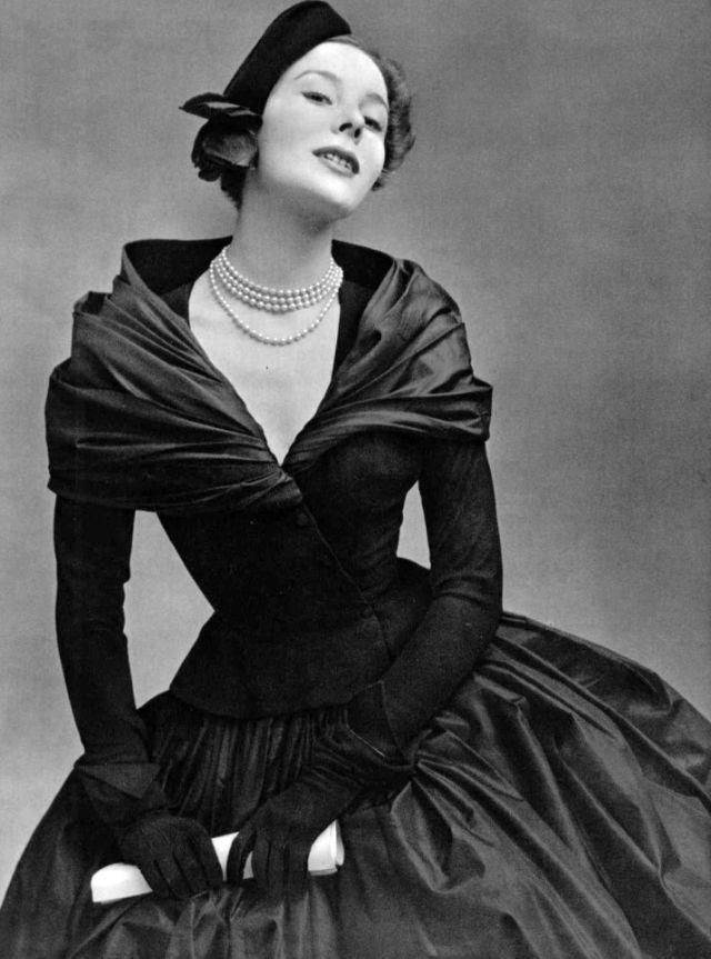 1956 Christian Dior Demi-Couture Black Silk Portrait Collar Skirted Cocktail Dress