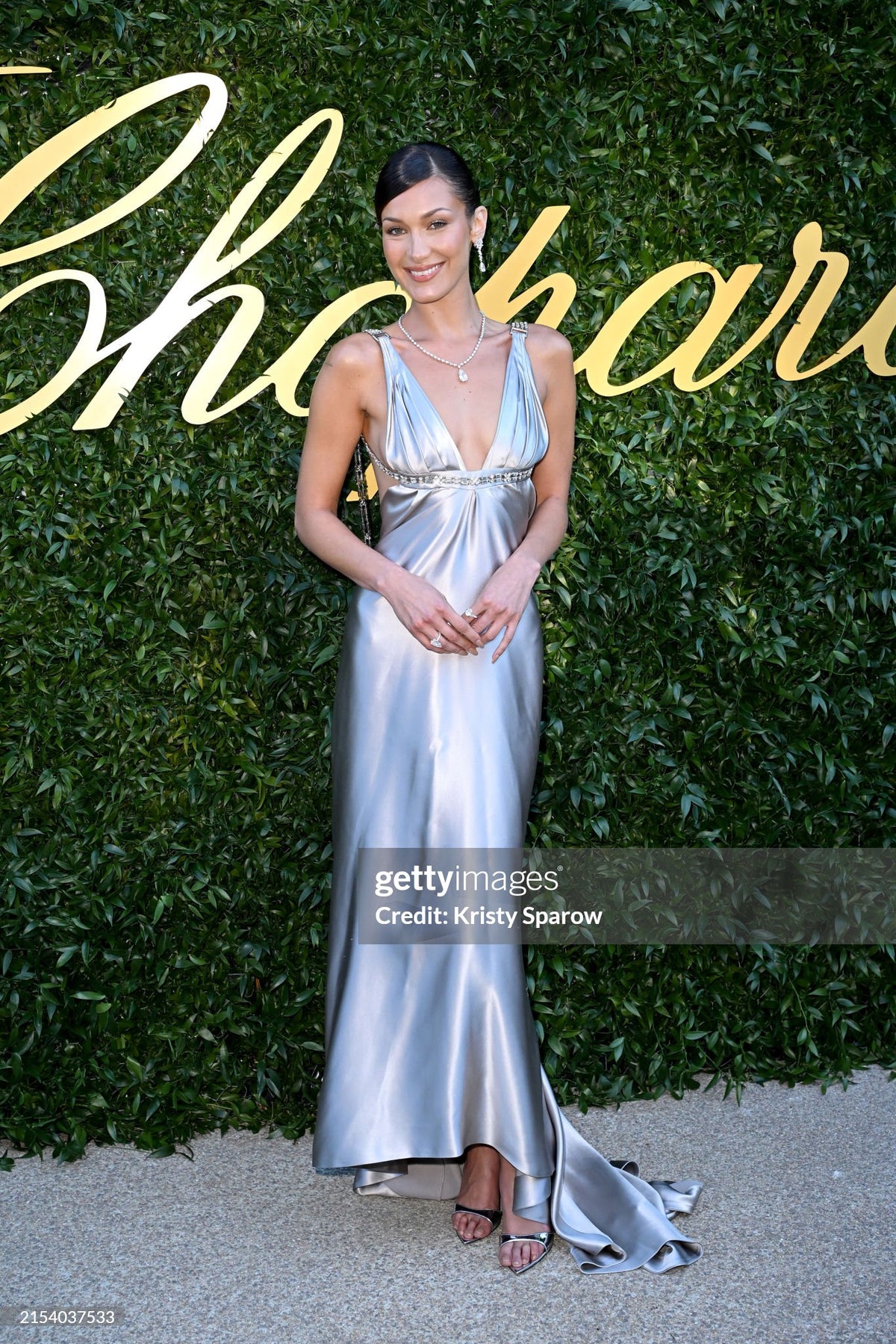 2006 Dsquared2 Platinum Silk Jeweled Backless Trained Glamour Gown