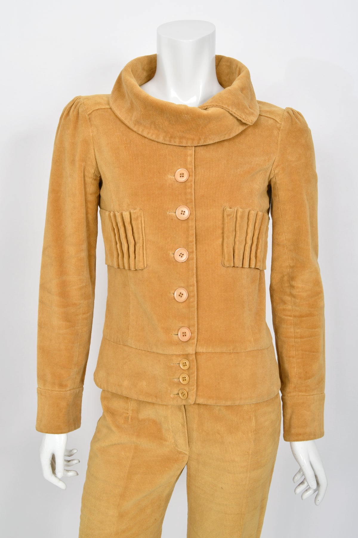 1968 Biba Documented Marigold Corduroy Funnel-Collar Jacket Pants Suit