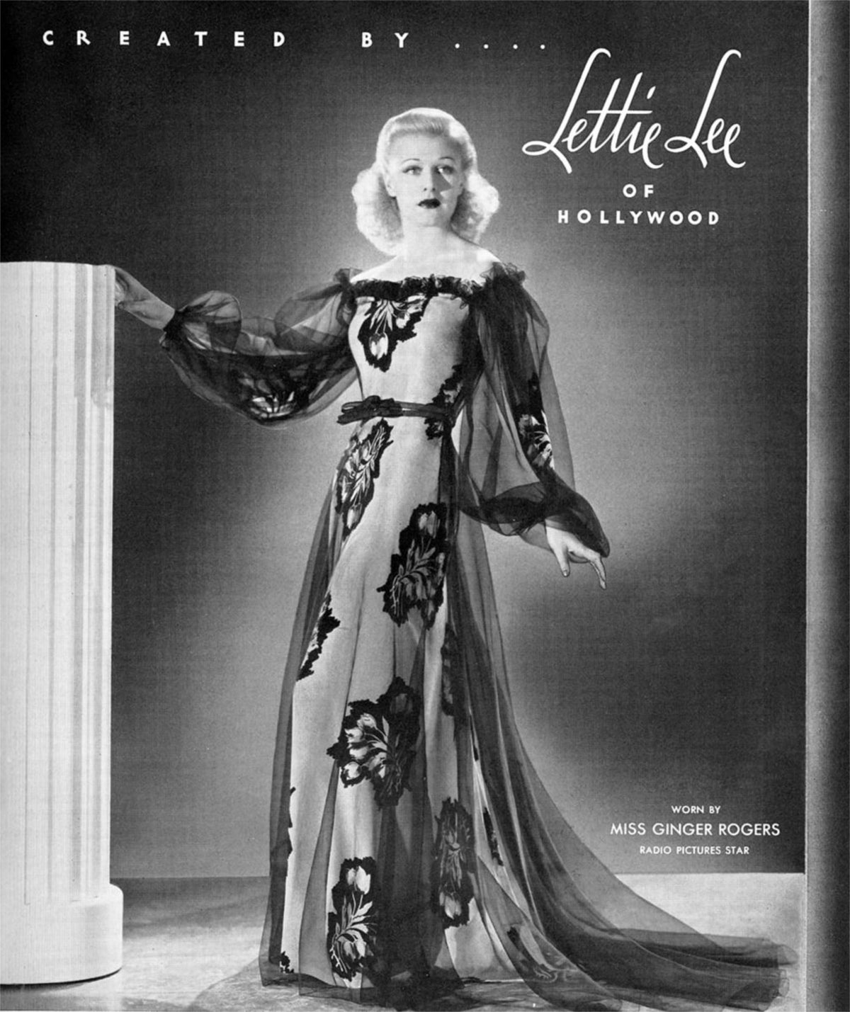 1936 Ginger Rodgers for Lettie Lee ‘Old Hollywood’ Floral Silk Appliqué Billow Sleeve Dress