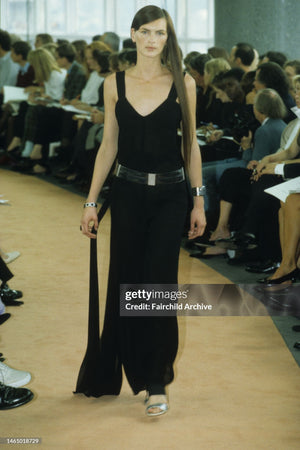1999 Chanel by Karl Lagerfeld Runway Black Crepe Low-Plunge Draped Sash Jumpsuit