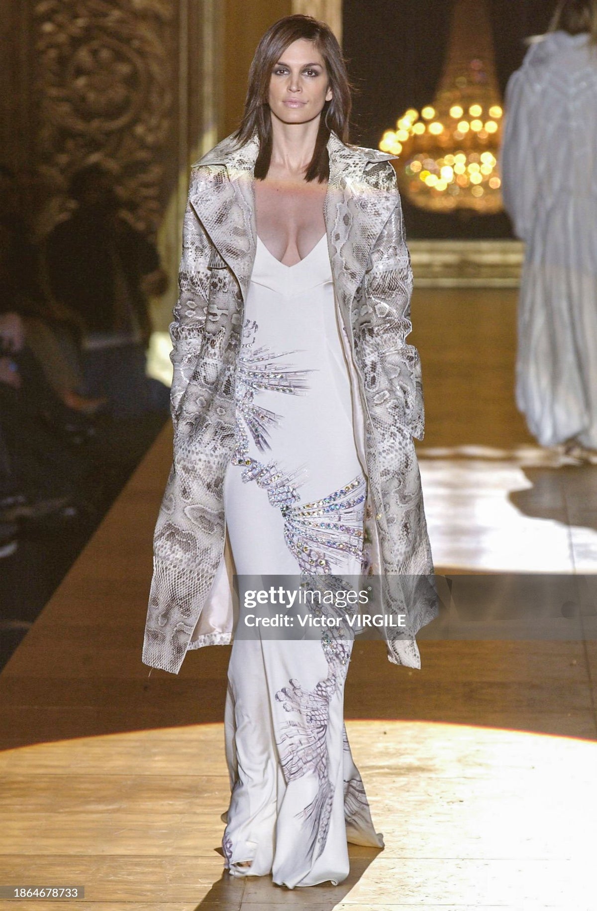 2002 Roberto Cavalli Runway Ivory Jeweled Stretch Silk Trained &#39;Cindy Crawford&#39; Gown