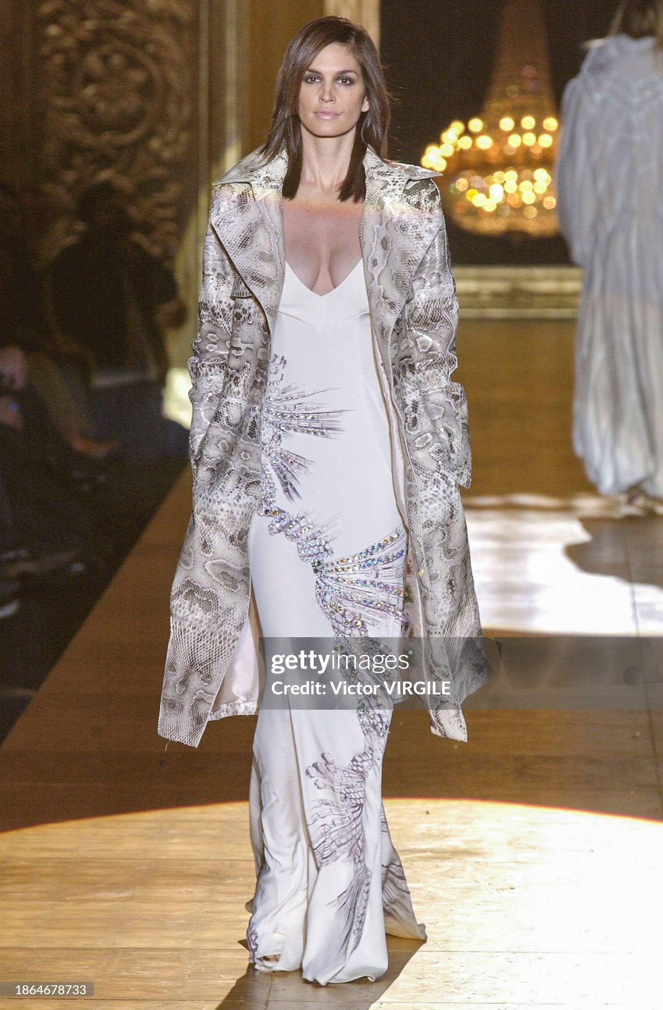 Vintage 2002 Roberto Cavalli Runway Ivory Jeweled Stretch Silk Trained 'Cindy Crawford' Gown