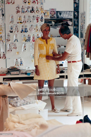 1967 Courreges Couture Yellow White Checkered Wool Belted Jacket & Skirt