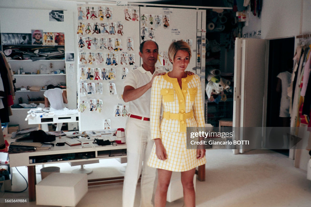1967 Courreges Couture Yellow White Checkered Wool Belted Jacket &amp; Skirt