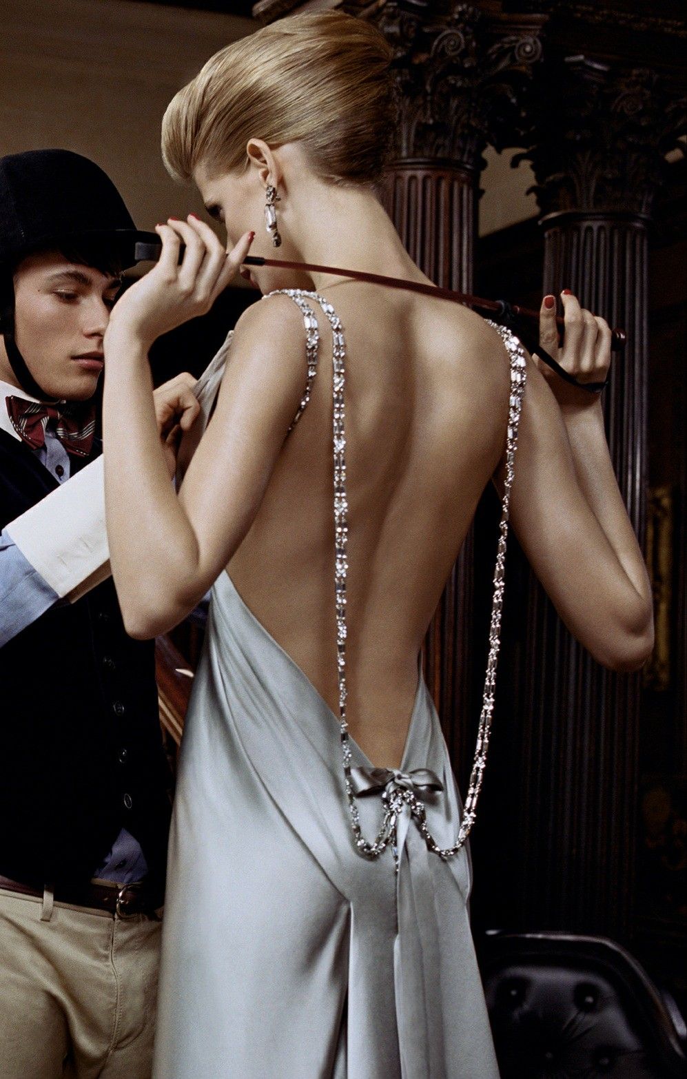 2006 Dsquared2 Platinum Silk Jeweled Backless Trained Glamour Gown