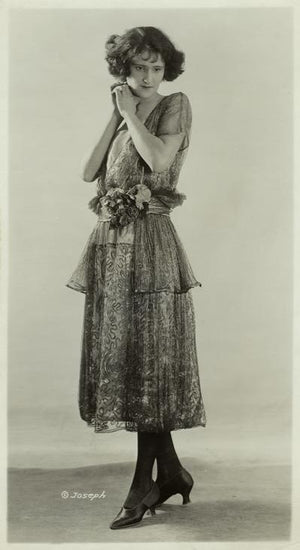 1920's French Cream Heavily Embroidered Deco Motif Filet Lace & Sheer Net Tea-Length Dress