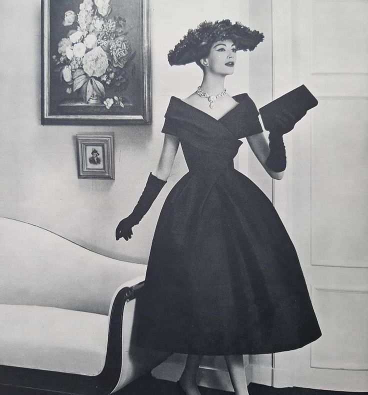 1956 Christian Dior Demi-Couture Black Silk Portrait Collar Skirted Cocktail Dress