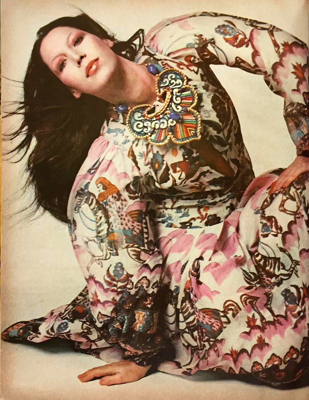 1971 Thea Porter Couture Green Art Nouveau Motif Silk Billow-Sleeve Maxi Dress