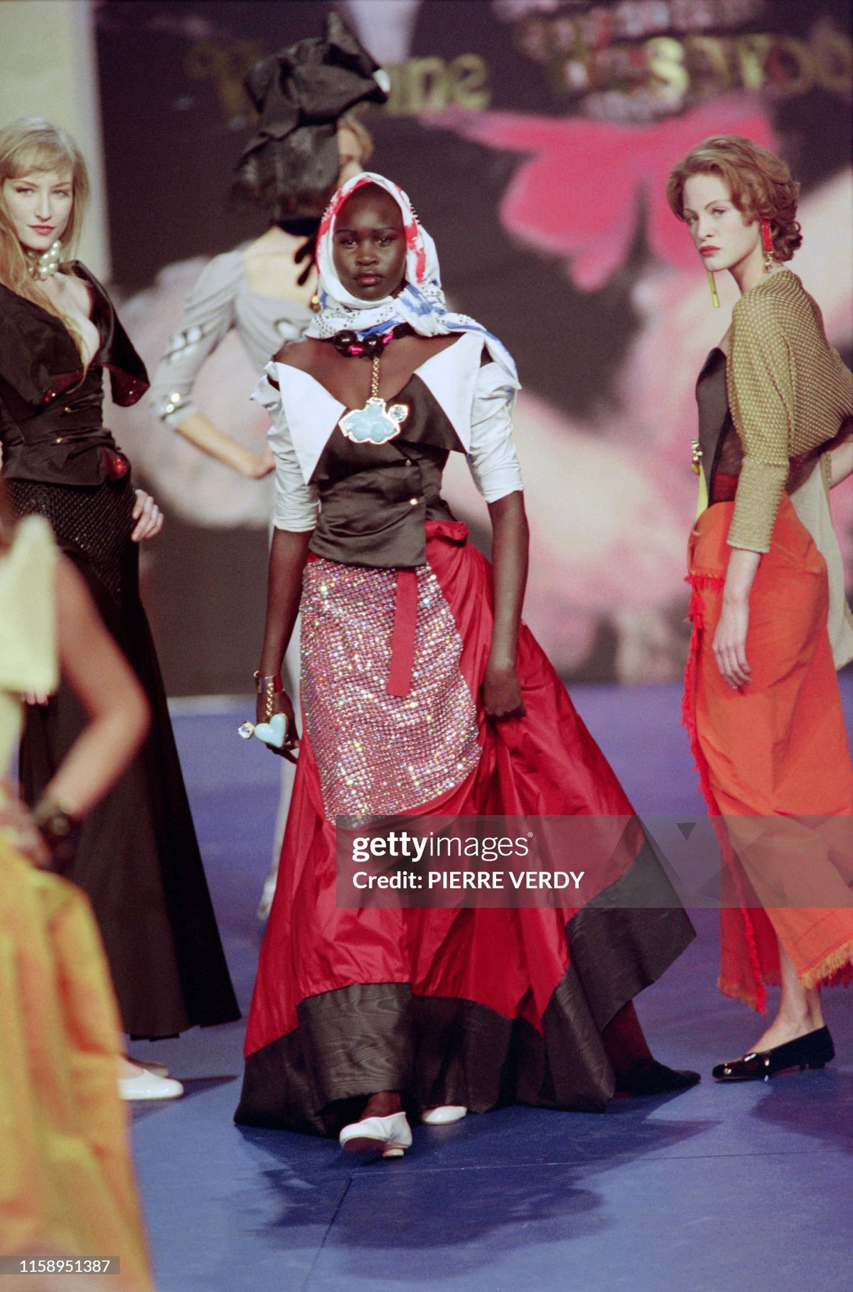 1999 Vivienne Westwood 'La Belle Helene' Collection Silk Off-Shoulder Corset Blouse & Full-Length Skirt Set