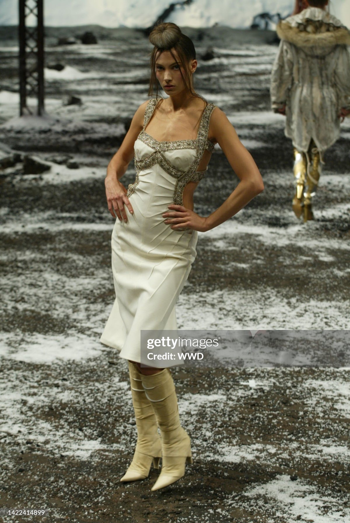 2003 Alexander McQueen Metallic Beaded Embroidered Ivory Wool Open-Back Dress