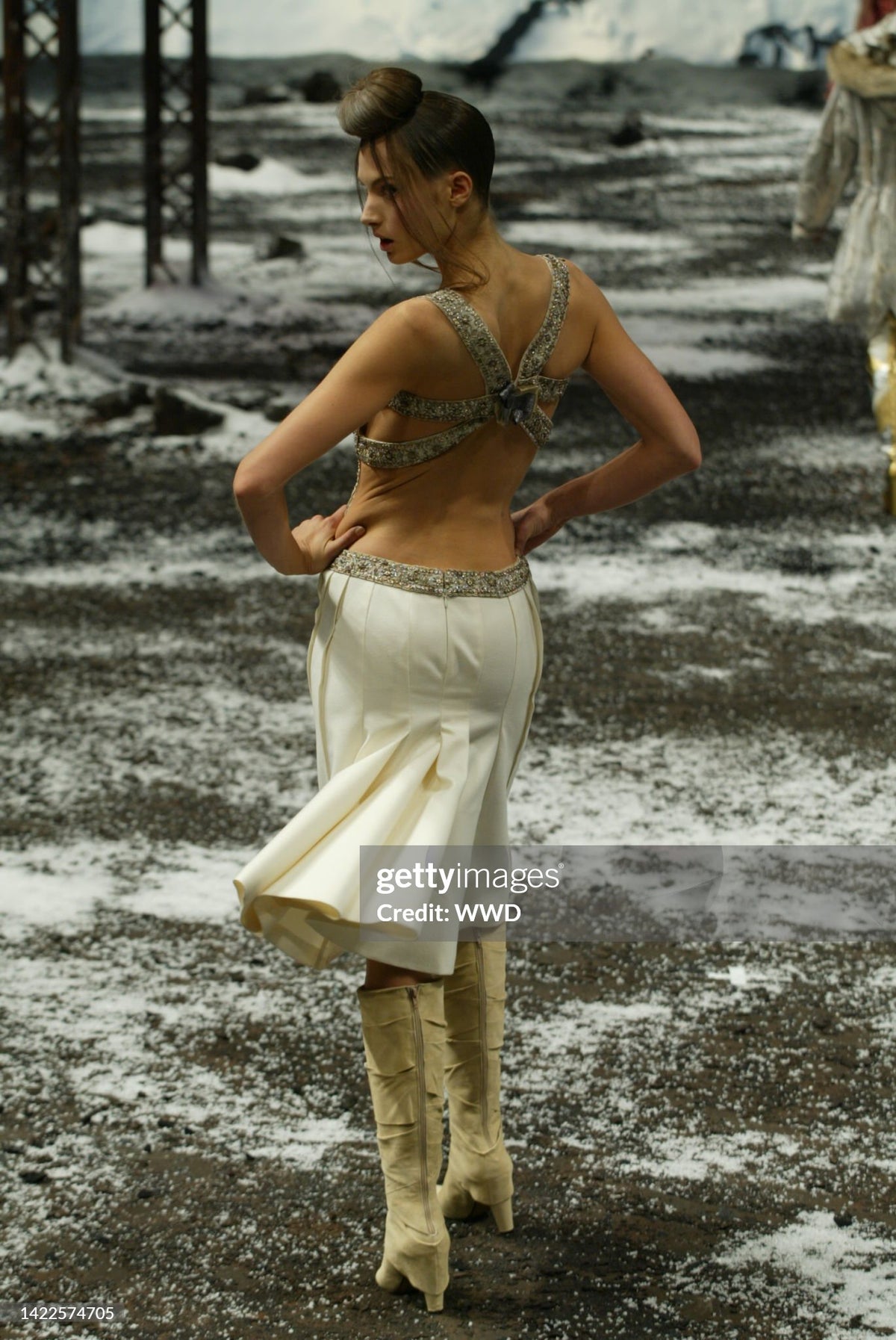 2003 Alexander McQueen Metallic Beaded Embroidered Ivory Wool Open-Back Dress