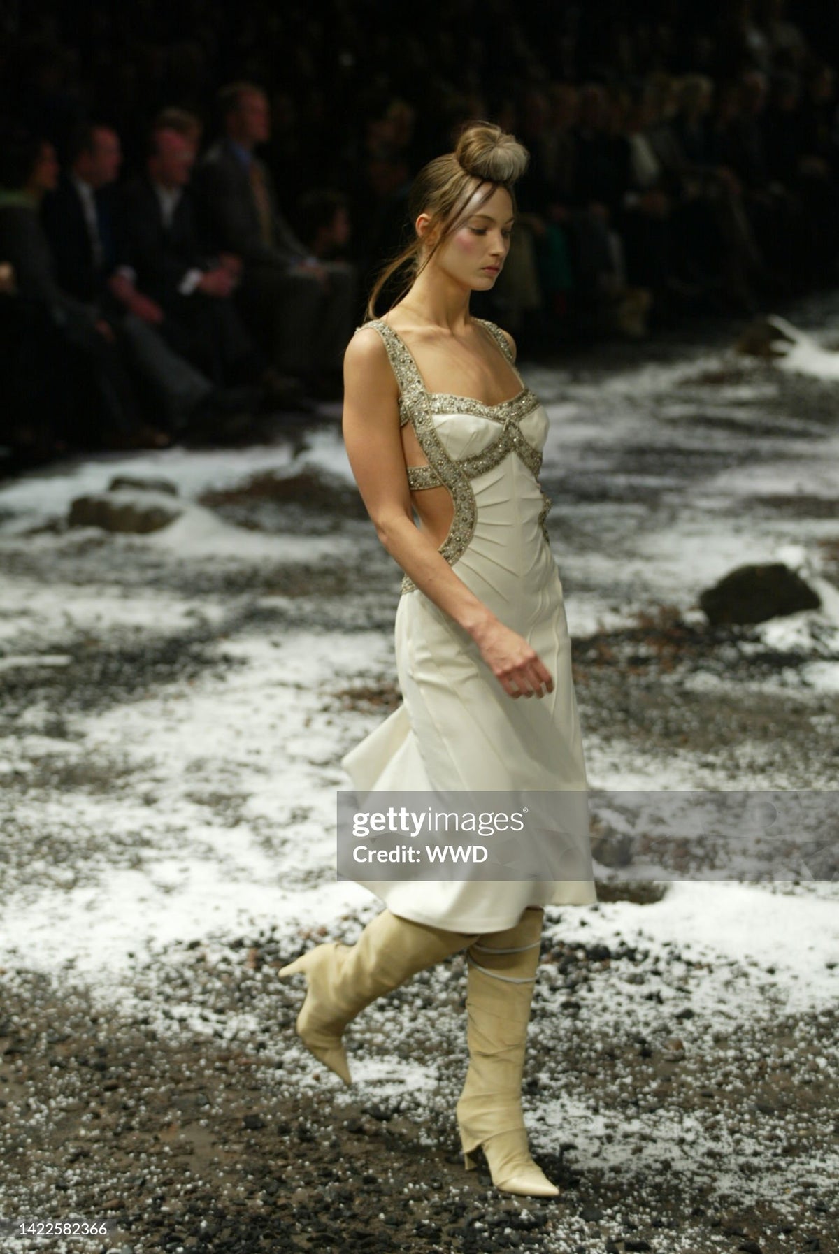 2003 Alexander McQueen Metallic Beaded Embroidered Ivory Wool Open-Back Dress