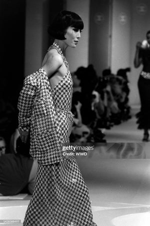 1984 Chanel by Karl Lagerfeld Black & White Sequin Houndstooth Silk Bias-Cut Halter Gown
