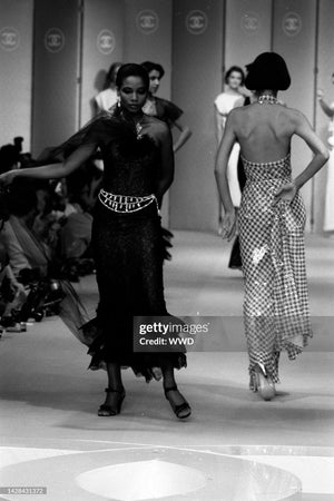 1984 Chanel by Karl Lagerfeld Black & White Sequin Houndstooth Silk Bias-Cut Halter Gown