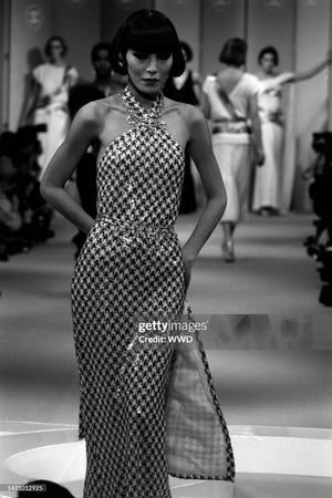 1984 Chanel by Karl Lagerfeld Black & White Sequin Houndstooth Silk Bias-Cut Halter Gown