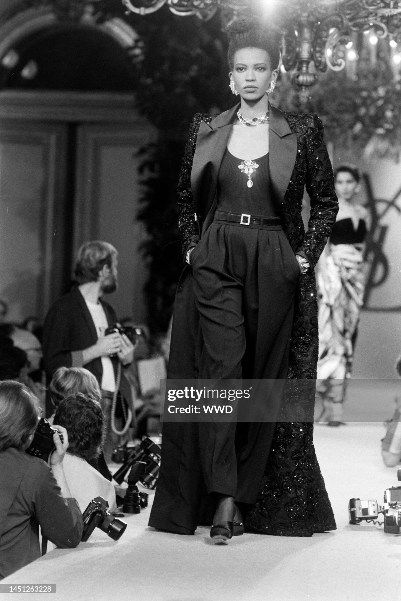 1984 Yves Saint Laurent Haute Couture Sequin Satin Maxi Tuxedo Jacket