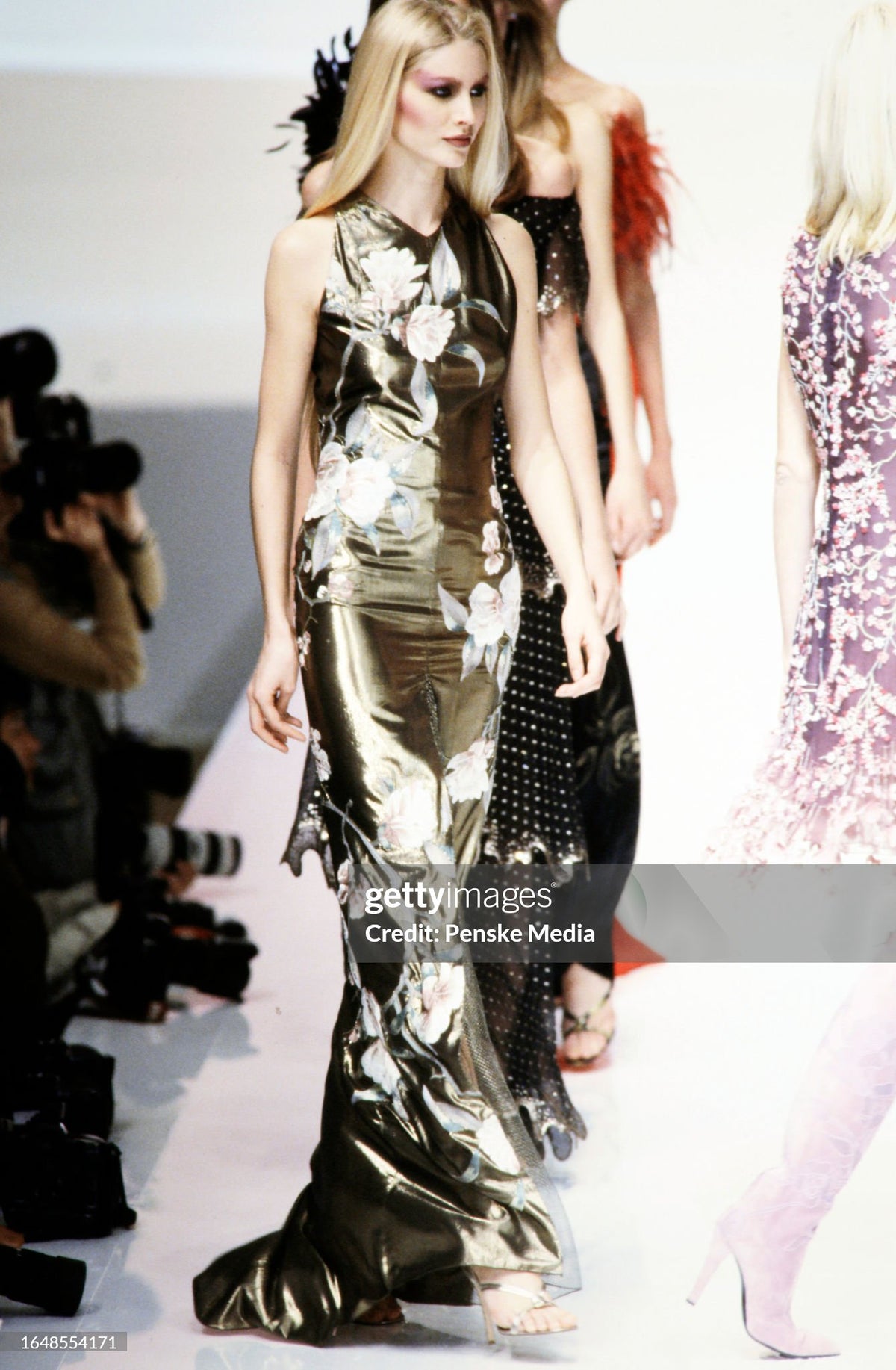1997 Valentino Runway Metallic Gold Beaded Embroidered Floral Lamé Silk High Slit Column Gown