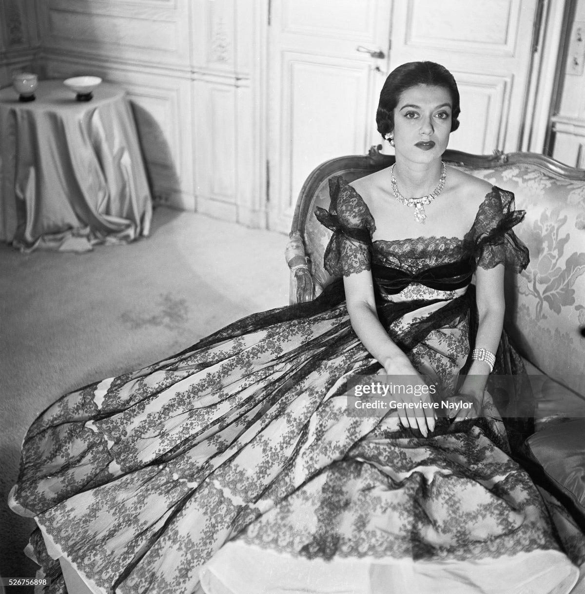 1950’s Hattie Carnegie Couture Large-Scale Black Floral Chenille Lace Full Skirted High-Low Gown