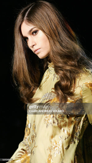 2006 Roberto Cavalli Champagne Floral & Bird Motif Silk Pleated High Low Bias-Cut Gown