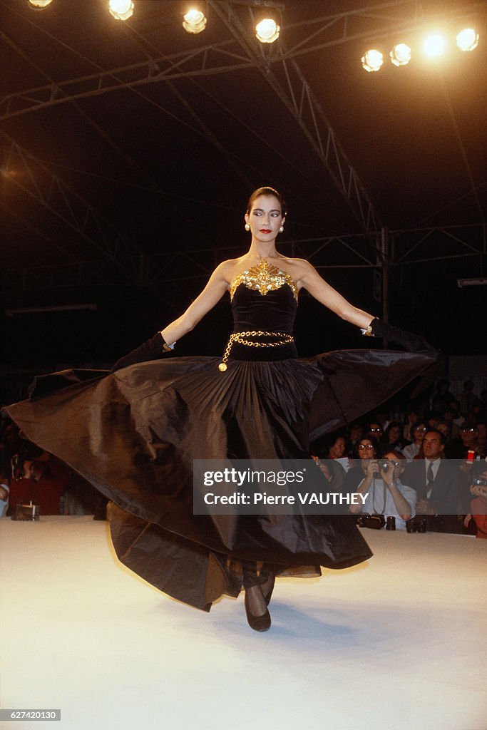 1985 Chanel Documented Runway Metallic Beaded Gold Lamé & Black Silk Strapless Gown