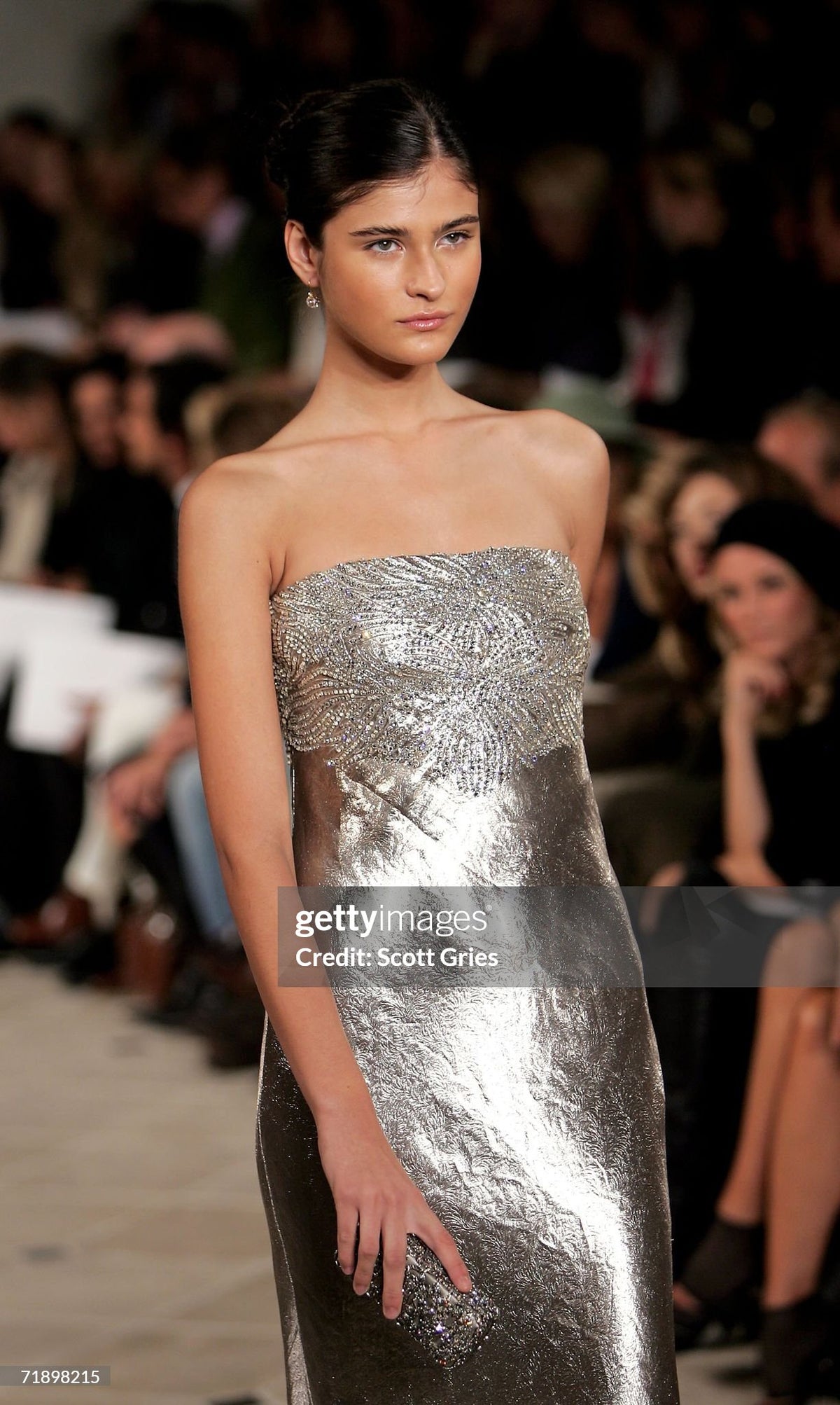 2007 Ralph Lauren Beaded Rhinestone Metallic Silver Lamé Strapless Bias-Cut Gown