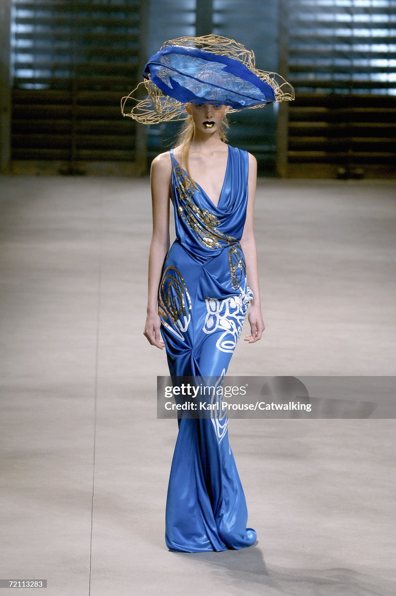 2007 John Galliano Ocean Blue Sequin Viscose Draped Backless Hourglass Gown