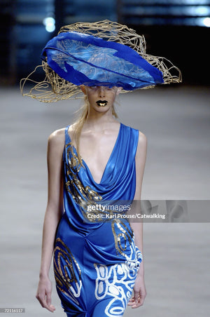 2007 John Galliano Ocean Blue Sequin Viscose Draped Backless Hourglass Gown