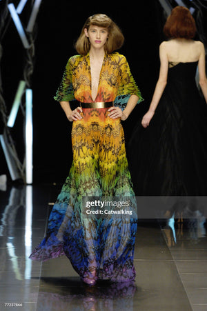 2008 Alexander McQueen Documented Rainbow Butterfly Print Silk Belted Cape Dress