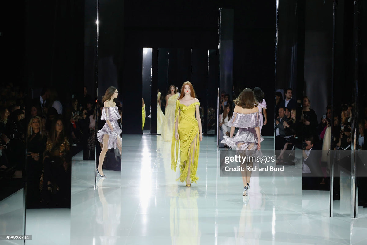2018 Ralph & Russo Haute Couture Chartreuse Silk Satin Asymmetric Crystal Fringed Gown